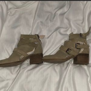 Tan faux suede buckle booties